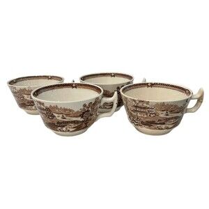 Vintage Royal Staffordshire England Brown Transferware "Tonquin" Teacups (Set 4)